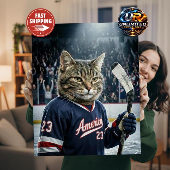 Discover USA Ice Hockey Dog Portrait  American Sports Wall Art, Funny Pet Print, Gift for Fans, Canvas Animal Decor