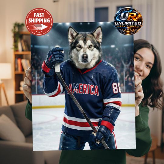Discover USA Ice Hockey Dog Portrait  American Sports Wall Art, Funny Pet Print, Gift for Fans, Canvas Animal Decor