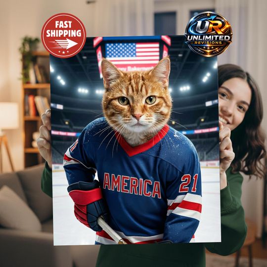 Discover USA Ice Hockey Dog Portrait  American Sports Wall Art, Funny Pet Print, Gift for Fans, Canvas Animal Decor