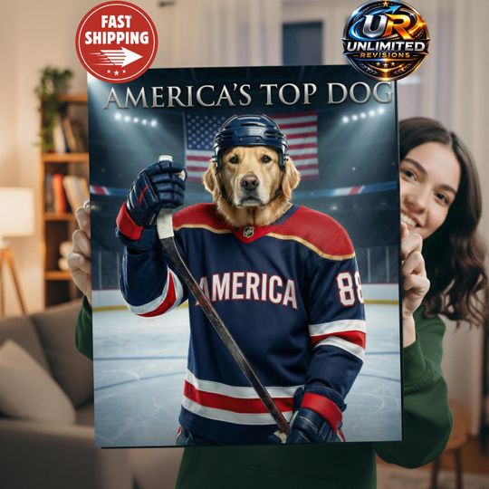 Discover USA Ice Hockey Dog Portrait  American Sports Wall Art, Funny Pet Print, Gift for Fans, Canvas Animal Decor