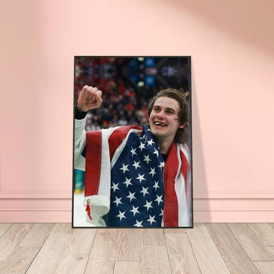 Discover Iconic Jack Hughes Framed Poster, Hockey Golden Goal Wall Art, NJ Devils Star Print, USA Chipped Tooth Decor, Modern Black Metal Frame Art