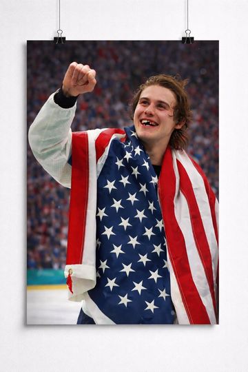 Discover Jack Hughes USA Mens Hockey Poster, USA Mens Hockey Wall Decor, Hockey Winter Games Premium Satin Poster