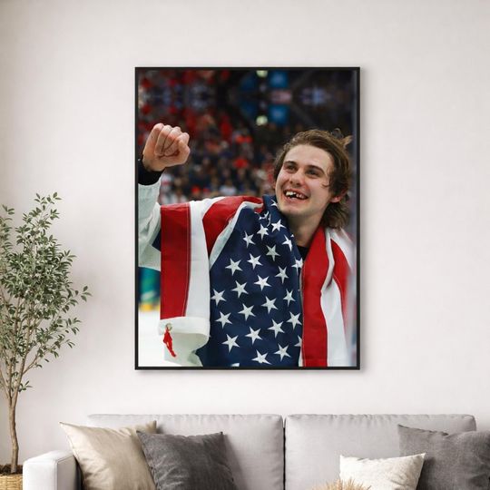 Discover Jack Hughes USA Hockey 2026 Winter Gold Medal Poster, Jack Hughes Art Print, Ice Hockey Champion Golden Goal Poster