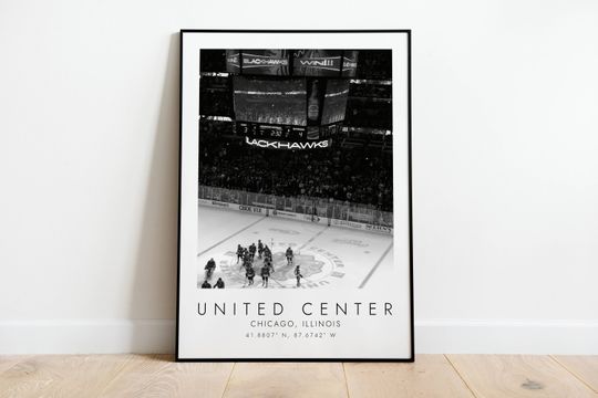 Discover UNITED CENTER Chicago Blackhawks | Print for Ice Hockey Lovers | black and white art | Coordinates Print