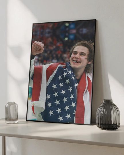 Discover Jack Hughes Art Print - Ice Hockey Champion Poster, Chipped Tooth Aesthetic, Athlete Wall Decor - Golden Goal - Legendary Photo Poster
