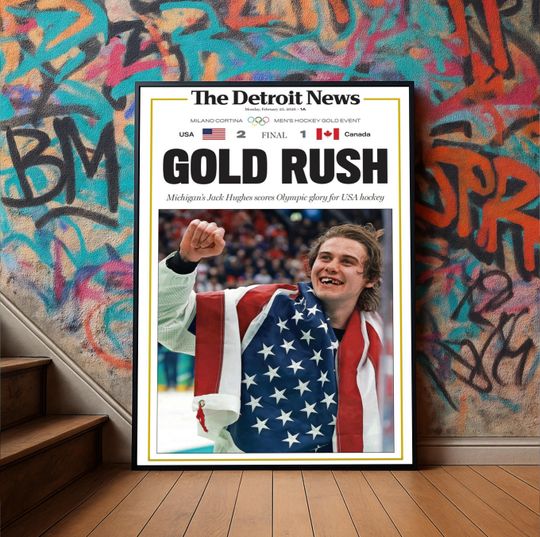 Discover Jack Hughes Art Print, Ice Hockey Champion Golden Goal Poster