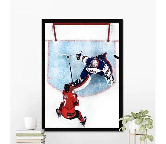 Discover Connor Hellebuyck Save Against Toews Poster, Hockey Fan gift
