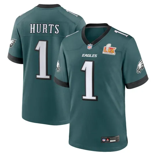 Discover Men’s #1 Jalen Hurts Midnight Green Super Bowl LIX Game Player Stitched Jersey