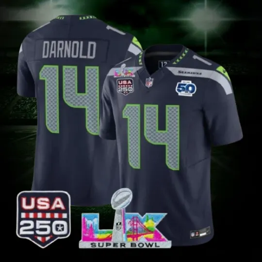 Discover Sam Darnold #14 Seahawkss Navy Super Bowl LX 250th Jersey All Sizes