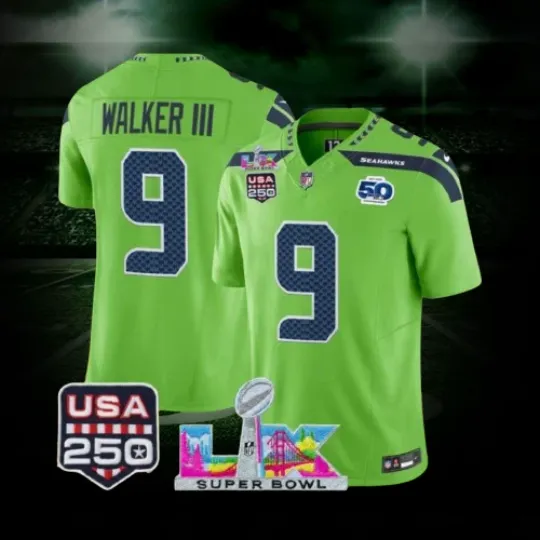 Discover Walker III #9 Seahawkss Green Super Bowl LX 250th Jersey All Sizes