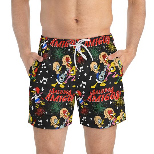 Donald Gran Fiesta Swim Trunks, Three Caballeros Mens Beach Shorts, Disney Vacation Swimwear