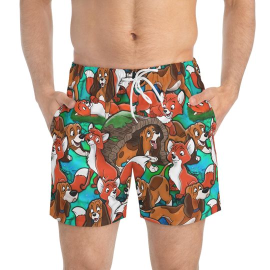 Discover Fox and the Hound Swim Trunks, Todd and Copper Mens Beach Shorts, Disney Vacation Swimwear