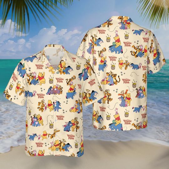 Winnie The Pooh Hawaiian Shirt, Pooh Friends Cartoon Summer Button