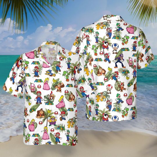Discover Super Mario Hawaiian Shirt, White Beach Aloha Tee, Video Game Summer Vacation