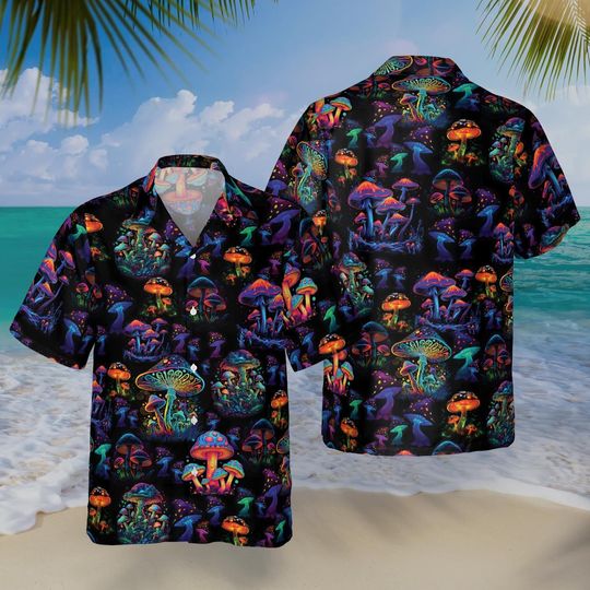 Discover Psychedelic Mushroom Hawaiian Shirt, Neon Shrooms Button-Up Shirt, Festival Rave Party Summer Outfit