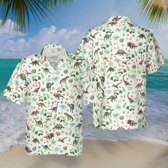 Discover Dinosaur Floral Hawaiian Shirt, Animal Tropical Vacation Shirt, Unisex Casual Summer Outfit