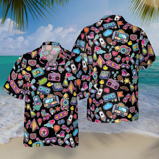 Discover Neon Cassette Skateboard Headphone Basic Hawaiian Shirt, Vintage 90s Party Button-Up Summer Shirt