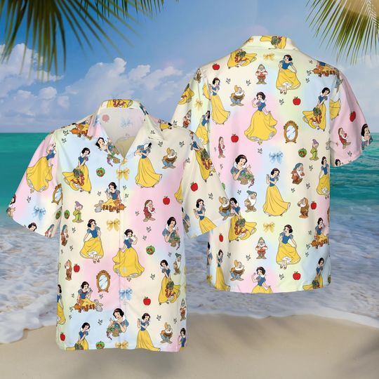 Snow White Hawaiian Shirt, Seven Dwarfs Shirt, Disney Princess Button Up Vacation Outfit