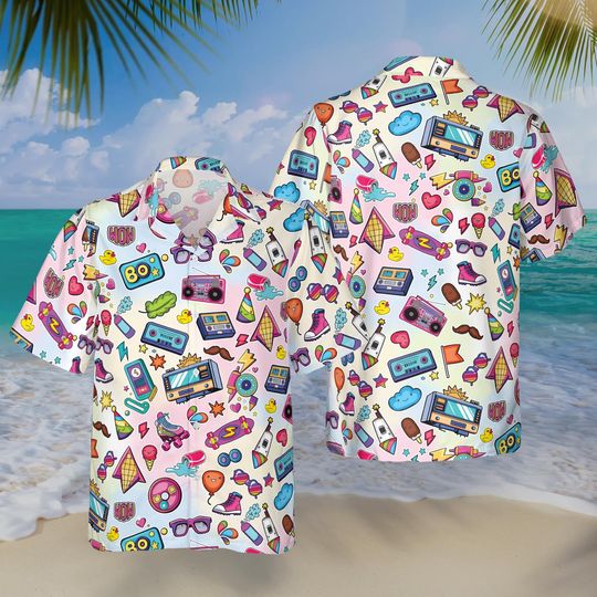 Discover Neon Cassette Skateboard Headphone Basic Hawaiian Shirt, Vintage 90s Party Button-Up Summer Shirt