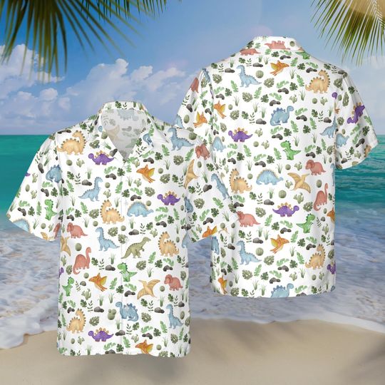 Discover Dinosaur Floral Hawaiian Shirt, Animal Tropical Vacation Shirt, Unisex Casual Summer Outfit