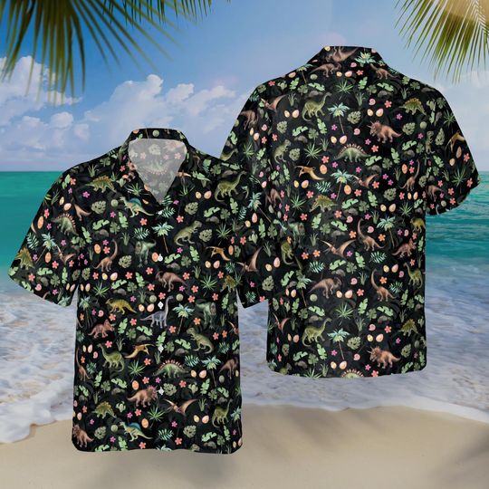 Discover Dinosaur Floral Hawaiian Shirt, Animal Tropical Vacation Shirt, Unisex Casual Summer Outfit