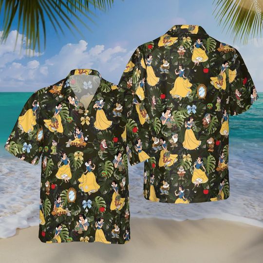 Snow White Hawaiian Shirt, Seven Dwarfs Shirt, Disney Princess Button Up Vacation Outfit