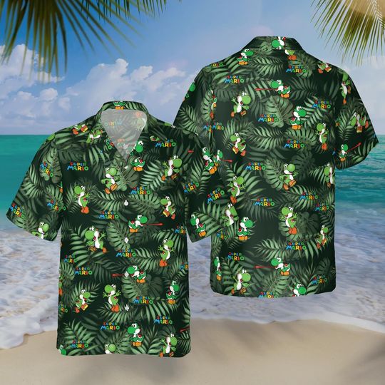Yoshi Hawaiian Shirt, Super Mario Button Up, Video Game Aloha Shirt