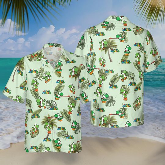 Yoshi Green Hawaiian Shirt, Super Mario Button Up, Video Game Aloha Shirt