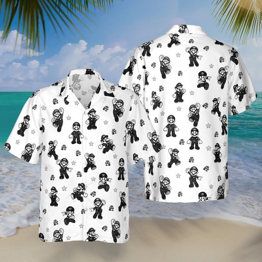 Discover Mario White Hawaiian Shirt, Super Mario Button Up, Beach Vacation Gift
