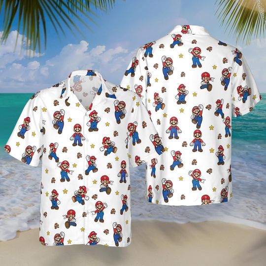Mario White Hawaiian Shirt, Super Mario Button Up, Beach Vacation Gift
