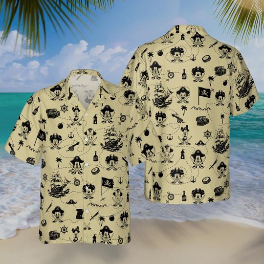 Discover Mickey and Friends Pirate Sketch Hawaiian Shirt, Disney Cruise Caribbean Vacation Shirt, Pirates Of Caribbean Shirt, Family Vacation Outfit