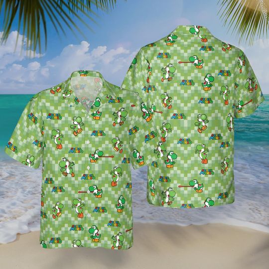 Yoshi Green Hawaiian Shirt, Super Mario Button Up, Video Game Aloha Shirt