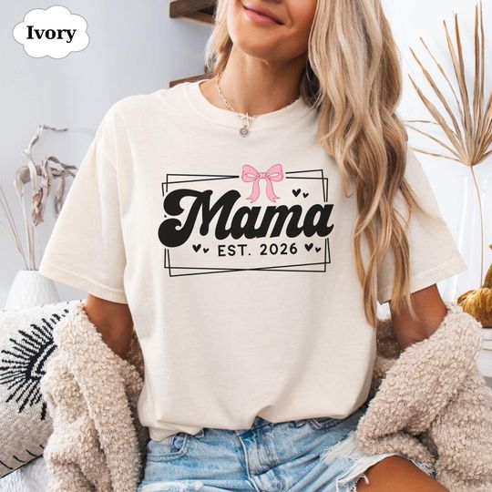 Discover Mama Est 2026 Shirt with Pink Bow, Coquette Mama Tee, First Mothers Day Gift, New Mom Gift, Comfort Colors 1717 Shirt, Retro Mama T-shirt