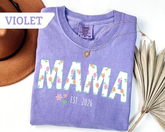 Discover Comfort Colors custom Floral Mama Est 2026 Shirt, Retro Blue Rose Mama Tee, Cute New Mom Mothers Day Gift