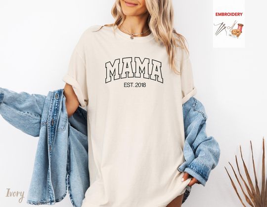 Discover Custom Embroidered Mama Est 2026 Shirt, Personalized Mother's Day Gift, Custom New Mom Shirt, First Time Mom Outfit, Mama Shirt With Date