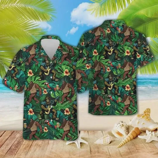 Discover Bigfoot Music Floral Hawaiian Casual Button Down Shirt Beach