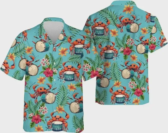 Discover Crab Playing Drums Aloha Hawaiian Button Down Shirt