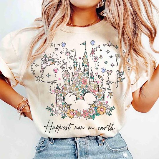 Discover Comfort Color Happiest Mom On Earth Shirt, Disney Tinker Bell Magical Castle Flower Tee