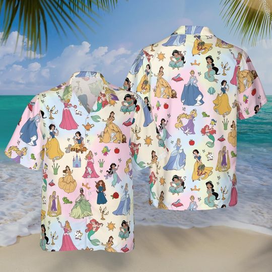 Discover Disney Princess Watercolor Hawaiian Shirt, Aloha Summer Vacation Outfit, Disneyland Girls Trip Tee