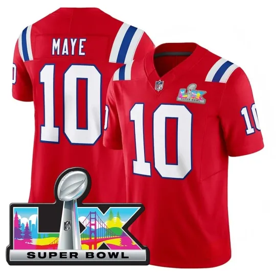Discover Men's Patriotss Drake Maye Red Super Bowl LX Jersey