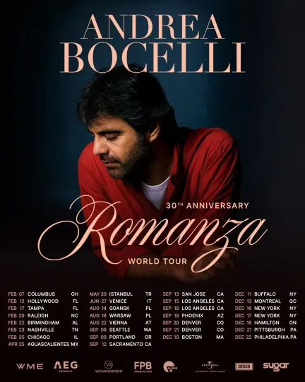 Discover Andrea Bocelli Romanza 30th Anniversary World Tour 2025 Vertical Poster