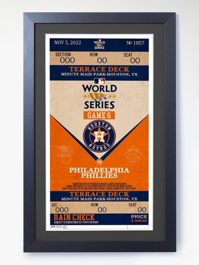 Discover 2022 World Series Ticket Framed - "Liftoff!" - Houston Astros vs Philadelphia Phillies Game 6 Poster