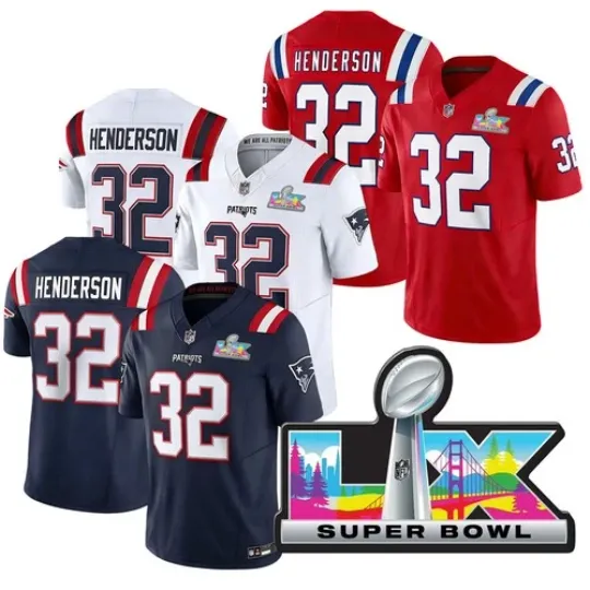 Discover Patriots Mens #32 TreVeyon Henderson Super Bowl LX Patch Game Stitched Jersey