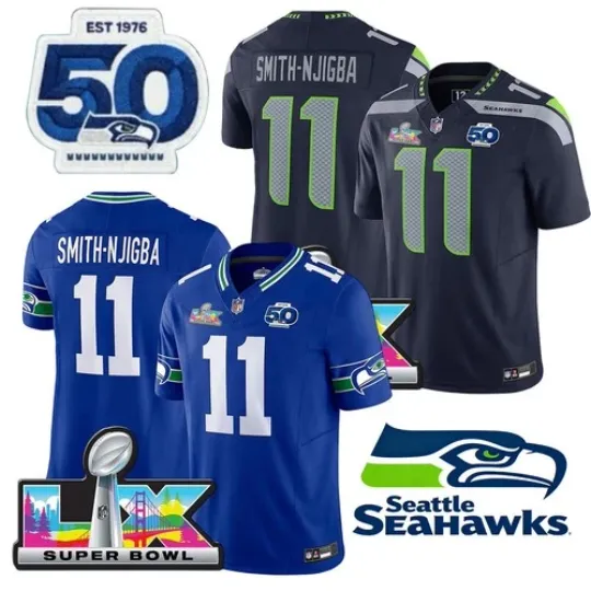 Discover Seahawks Men's #11 Jaxon Smith-Njigba 50th /Super Bowl LX Patch Game Jersey
