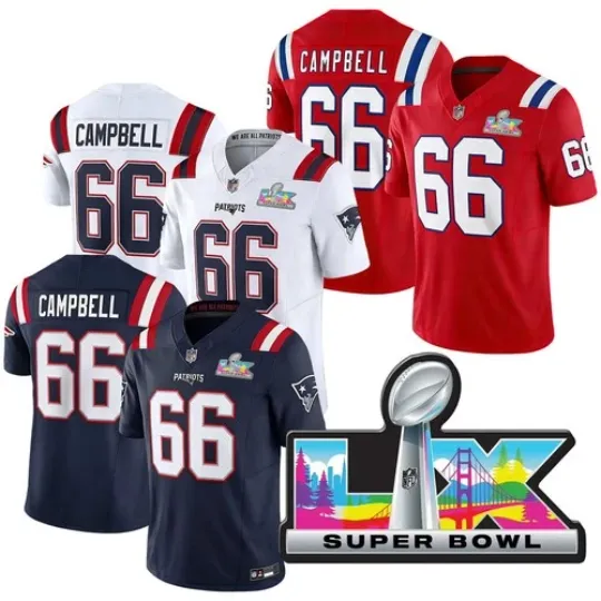 Discover Patriots Mens #66 Will Campbell Super Bowl LX Patch Game All Stitched Jersey