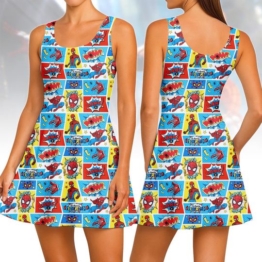 Discover Spiderman Comic Skater Dress for Women, Superhero Summer Dress, Comic Style Outfit