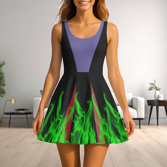 Maleficent Skater Dress Halloween Fire Flame Cosplay Disney Villain Costume Women
