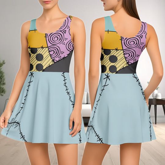 Sally Skater Dress with Nightmare Before Christmas Patchwork Halloween Costume for Women