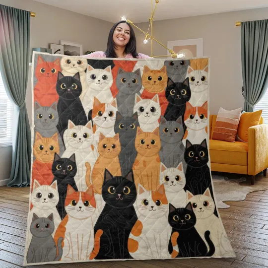 Discover Colorful Cartoon Cats Quilt Blanket with Cute Kitten Pattern for Kids Room and Pet Lovers