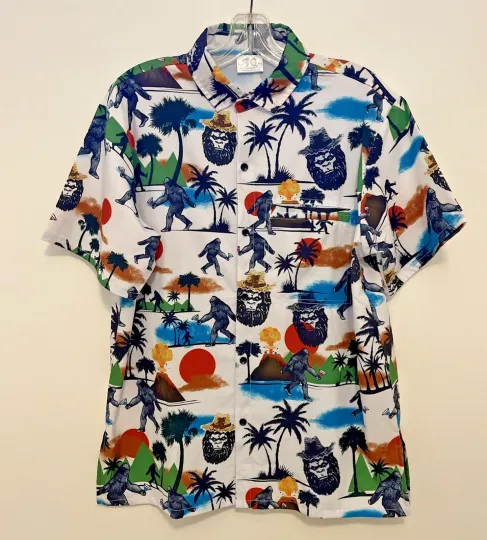 Discover Funny Guy Bigfoot Tropical Volcano Drinks Palm Trees Button Down Shirt Men's Lrg